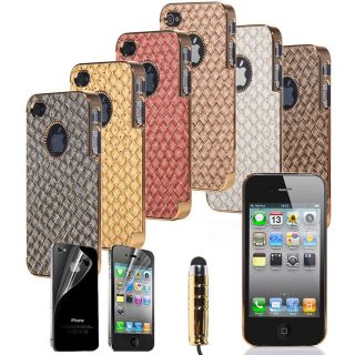 PU Leather Woven Pattern Chrome Hard Cover Case for iPhone 4 4S w 