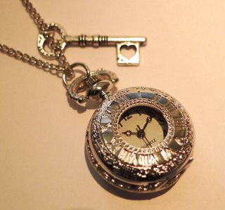 Alice in Wonderland Pocket Watch Necklace  Antique Silver Heart Key 