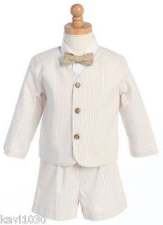 Boy KHAKI Cotton Seersucker Eton Shorts Suit Set 6M 4T