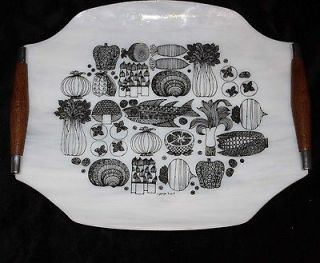 Rare Georges Briard 1960s Glass Tray Wood Handles Black on White Line 