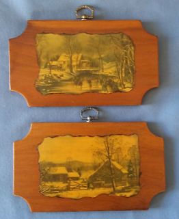 VINTAGE CURRIER & IVES WOOD DECOUPAGE WINTER FARM SCENE WALL HANGING 