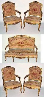 Antique Aubusson 19th C French Salon Suite Set Settee + 4 Arm Chairs 