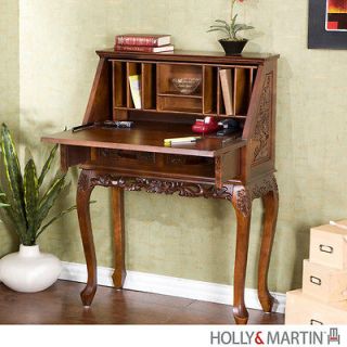 Logan Cherry Hand Carved Wood Drop Front Secretary Writing Desk Holly 