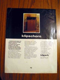 KLIPSCH KLIPSCHORN 1 PAGE FLYER BROCHURE WITH SPECIFICATIONS ON BACK