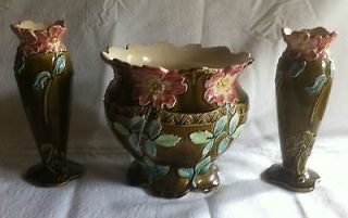 VERY RARE ANTIQUE MAJOLICA FRENCH CACHE POT FIVES LILLE WITH TWO VASES