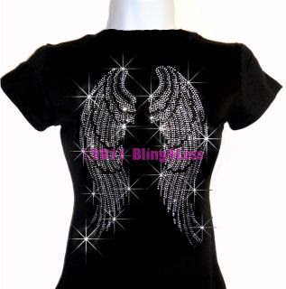 Large Angel Wings Rhinestone Iron On Black T Shirt   Pick Size S 3XL 