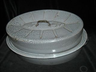 Large Vintage NESCO Grey & White Oval Enamelware/Graniteware Roaster