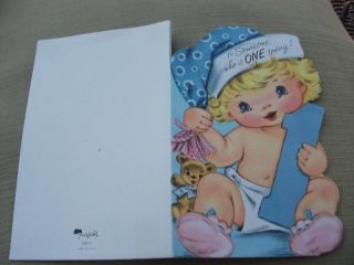 Vintage Greeting Card Babys 1st Birthday Teddy Bear Hat Child Boy