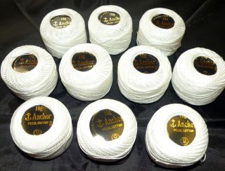 10 Floss WHITE Anchor Perle Cotton Thread 850m. Crochet