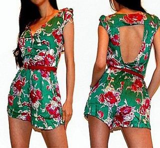SEXY GREEN FLORAL PRINTED CUT OUT BACK BUTTONS FRONT ROMPER JUMPSUIT M
