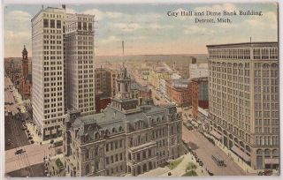   Michigan Postcard City Hall & Dime Bank Building Street Scene