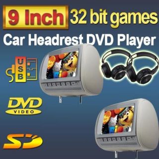 Gray Pair 9 Headrest Universal Car DVD Player TFT LCD Monitors 