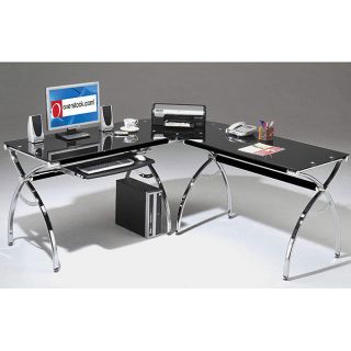 Smoked Tempered Glass L shaped Computer Desk   Black Glass