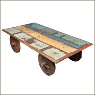 Multi Colored Reclaimed Wood Rustic Coffee Cocktail Sofa Table Cart on 