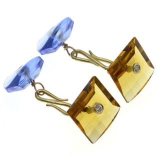 18k gold faceted blue quartz and citrine bezel set diamond cufflinks