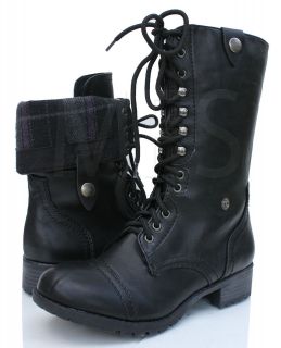 Womens Black Lace up Combat Folded Cuff Riding Mid Calf Boots Soda 