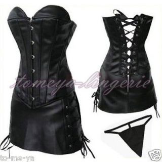 Sexy Black Faux Leather Overbust Gothic Corset/Bustier + Mini Skirt 