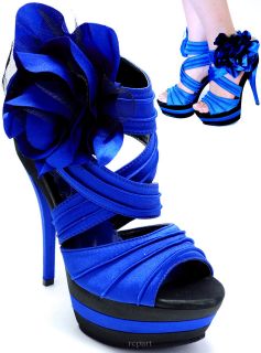   shoes stilettos open toe platform flower royal blue prom wedding