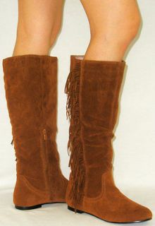 Cherokee Indian Suede Flat Moccasin Fringe Tassel Tall Knee High Boots 
