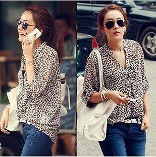 Fashion Womens Leopard print Shirt Long Sleeve Button Down Blouse 