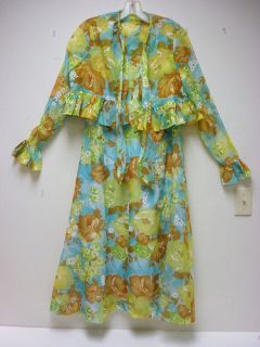 70s Chiffon Midi Dress w/ Matching Sheer Jacket Floral SZ L Disco 