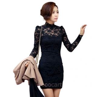 Womens Long Sleeve Polo Neck Lace Mini Dress Clubwear Party Cocktail 