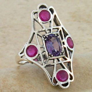 NATURAL RUBY ALEXANDRITE ANTIQUE VICTORIAN DESIGN .925 SILVER RING 
