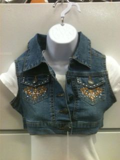 Womens Sleeveless Button Down Embellished Cropped Denim Jean Jacket 