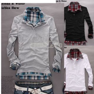 Korean Style 2 Collar Check Polo long Sleeves T shirt Men 4 Size 4 