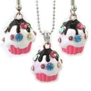   Colorful Multicolor Pink Cupcake Necklace Chain Dangle Earring Pendant