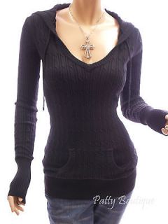 Black Hooded Cable Knit Long Sleeve Jumper Tunic Top, XL