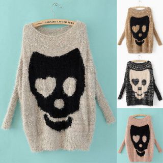 ladies asymmetric skull batwing knitted pullover jumper casual loose 