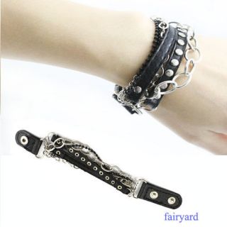 Punk Rock Multi chain Leather Chain Stud Bangle Wristband Bracelet