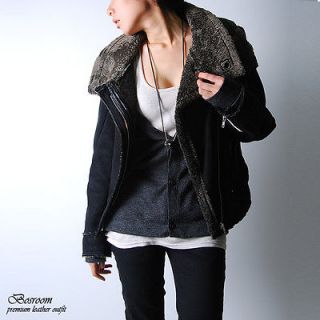 Womens Rare real fur shearling mustang leather vest jacket S M / NAVY