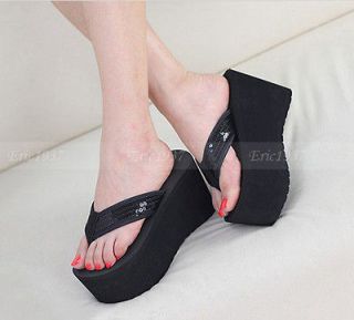 High Wedge Heel Womens flip flops Platform Pumps Shoes Sandals black 