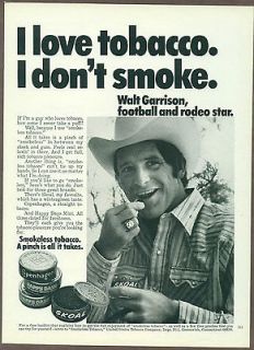 Smokeless Tobacco 1974 magazine print ad, Walt Garrison, Skoal 
