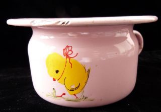 Childs Chamber Pot   Germany   Pink Enamel on Metal   Yellow Chick