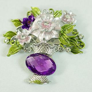   Purple Flower Vase Silver Plated Oval Gemstone Brooch Pins Costume