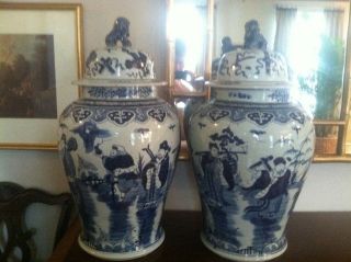 PAIR OF BLUE AND WHITE PORCELAIN GINGER JARS 24 Inches Tall