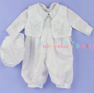 Baby Boy Satin White Christening Baptism Romper Vest Bonnet Outfit 