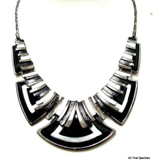 Big Bold Chunky Black Silver Enamel Fashion Statement Necklace and 