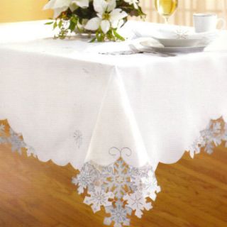   Spirit Appliqued White Blue Christmas Cutout Fabric Tablecloth New