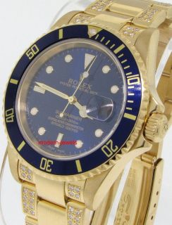 Rolex 16618 Submariner 18k Gold Watch   No Holes Pave Diamonds Blue 