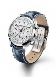 Baume and Mercier Capeland Silver Dial Chronograph Blue Leather Watch 