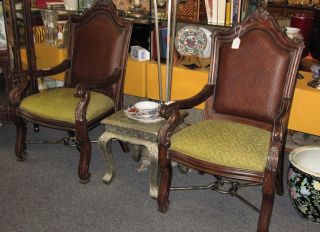 Pair of 2 Accent Dining Arm Chairs Carved Wood & Woven Rattan