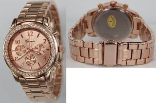   Rose Gold Plated Clear Crystal Case Rose Gold Dial Metal Band Watch