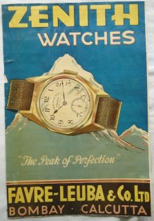 1920s Original Vintage Litho Print Ad Sign Zenith Favre Leuba Watches
