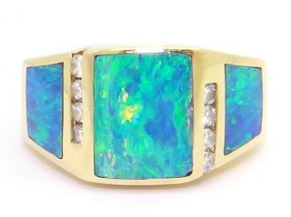 Estate Mens 18kt Yellow Gold Opal Diamond 12mm Cluster Band Ring  