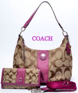 NWT  COACH SIGNATURE KHAKI/BERRY HOBO PURSE WITH MATCHING WALLET