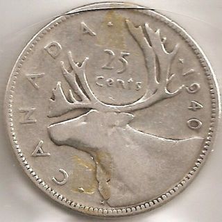 1940 Canada/Canadian Silver 25 Cent Coin